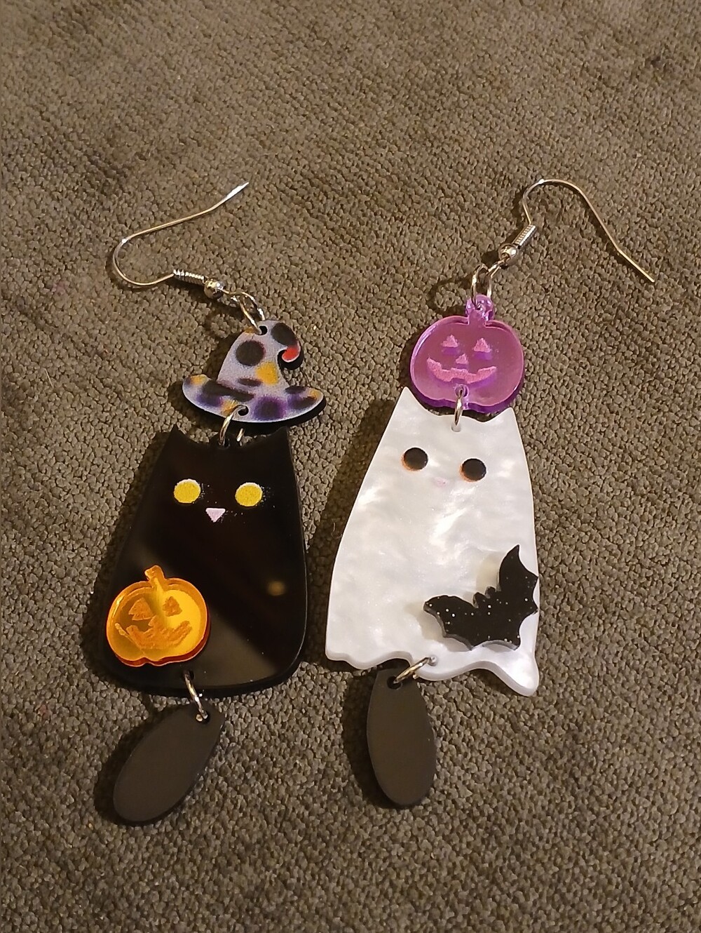 Halloween Ghost & Cat Dangle Earrings - Black and White